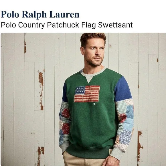 RARE Polo Country‎ RL Retro Patchwork Authentic Dry Goods Flag Sweatshirt L Uni